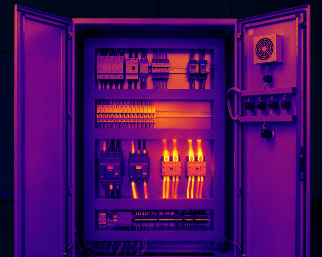 Thermal imaging scan of an electrical switchgear panel showing heat signatures